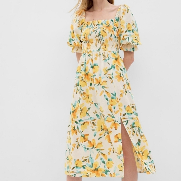 GAP Linen-Blend Puff Sleeve Square Neck Butter Yellow Midi Cottagecore Dress XS - Picture 1 of 12